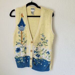 VTG Koret Sweater Vest 90s S* Petite‎ Butter Yellow Bird Floral Granny Cottage
